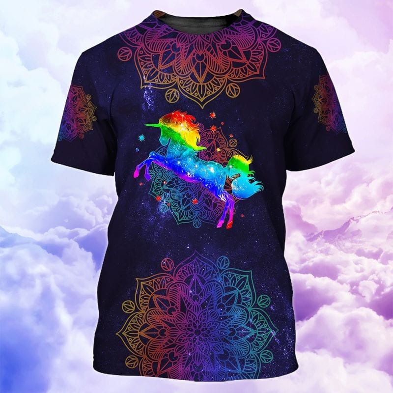 Mandala Unicorn 3D All Over Printed Shirt, Hippie Mandala Pattern Shirt