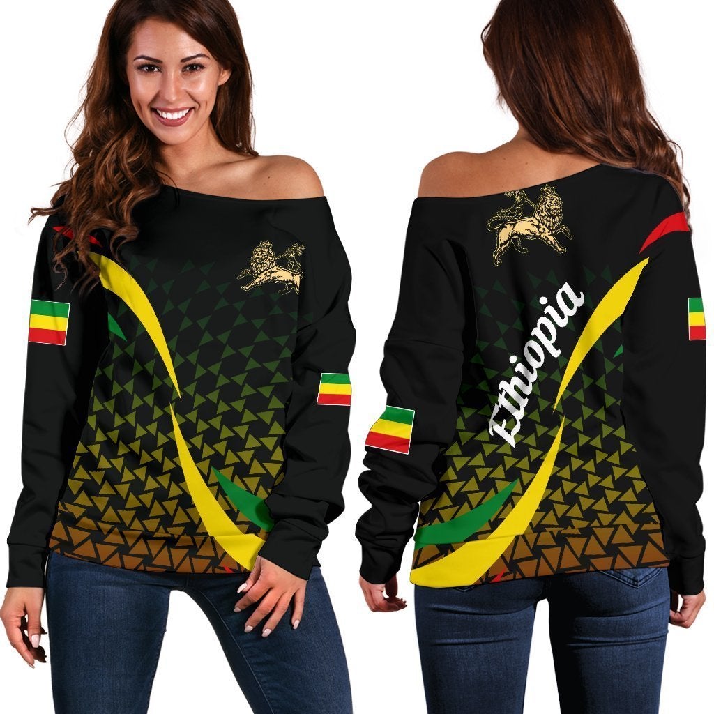 Wonder Print Shop Ethiopia Off Shoulder Sweater, Ethiopia Rasta Lion Black