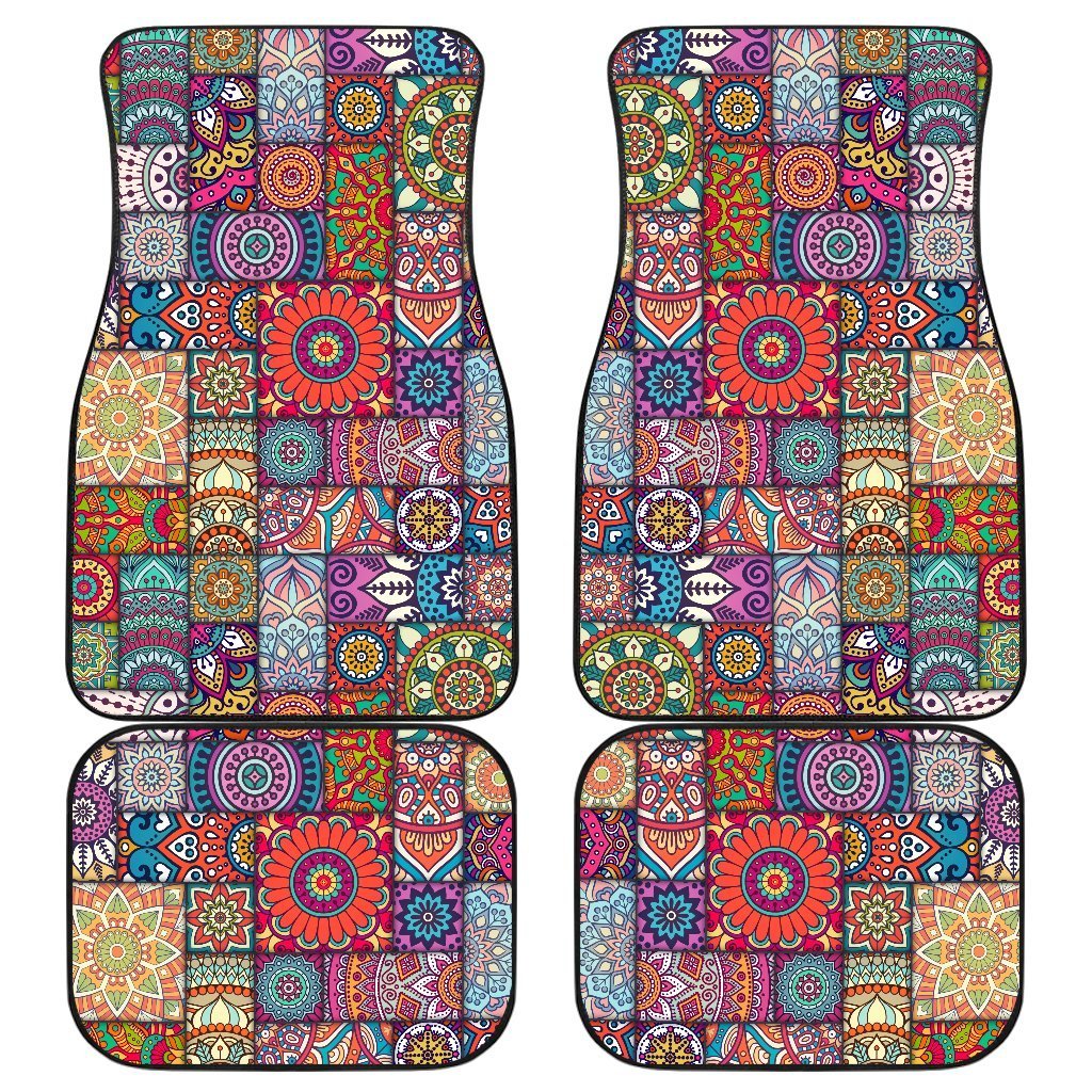 Square Bohemian Mandala Patchwork Print Front And Back Car Floor Mats, Front Car Mat