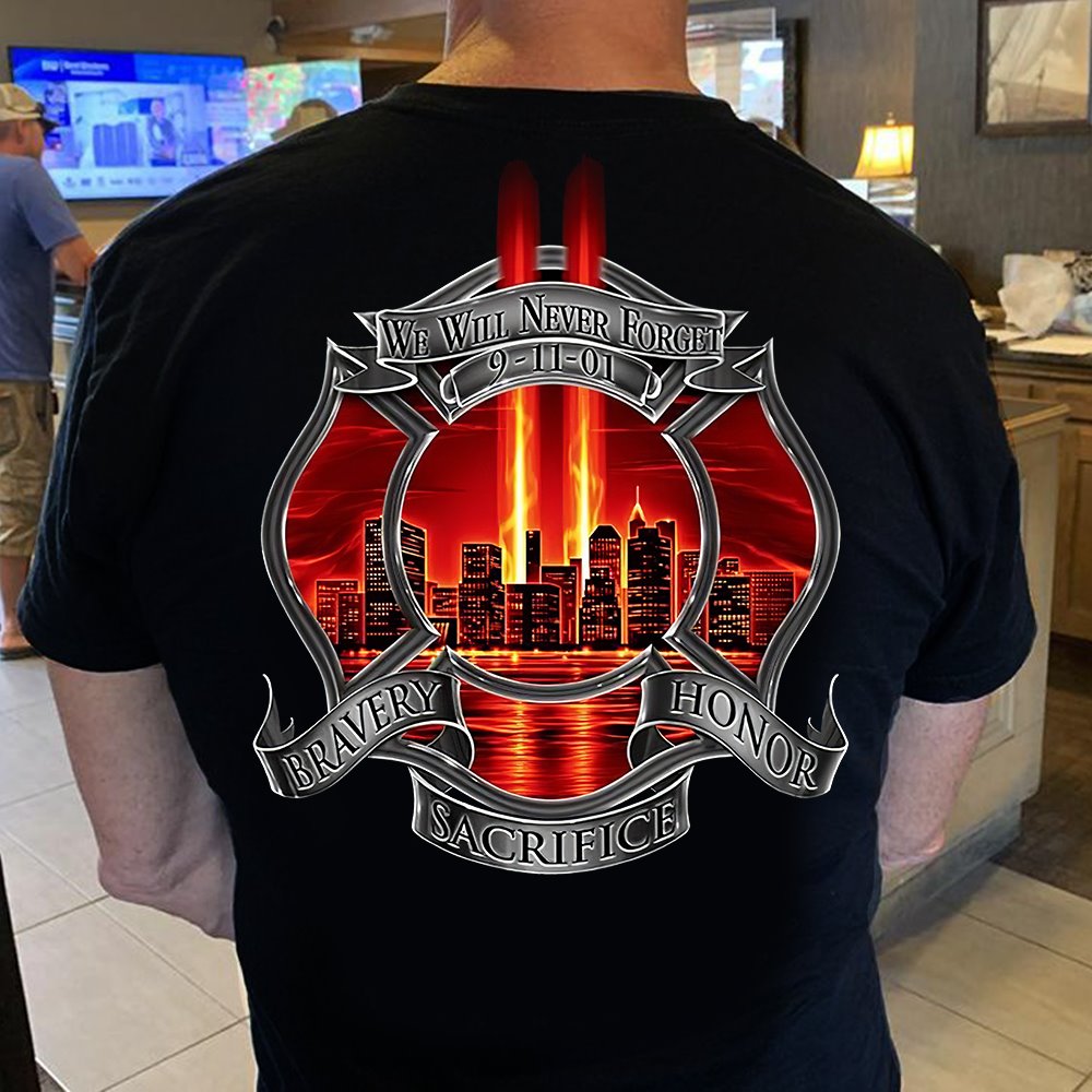 Firefighter T-Shirt, Red 9/11 Tribute Never Forget Honor Fire Fighter Tshirt