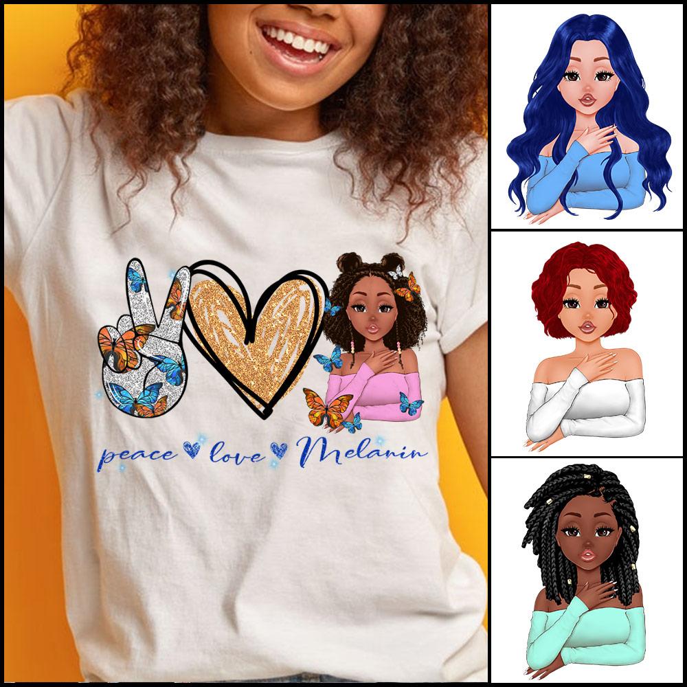 Personalized Peace Love Melanin Shirts Proud Black Queen T-Shirt Gift For Black Women Custom Name And Body Shirt