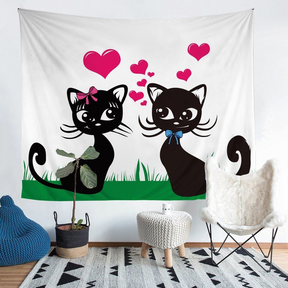 Black Cat Tapestry for Girls Boys Couple Cute Kitten Print Wall Hanging Cartoon Cats Pattern Wall Blanket Room Decor Pet Animal Theme Wall Art  Beach Throw Tapestry