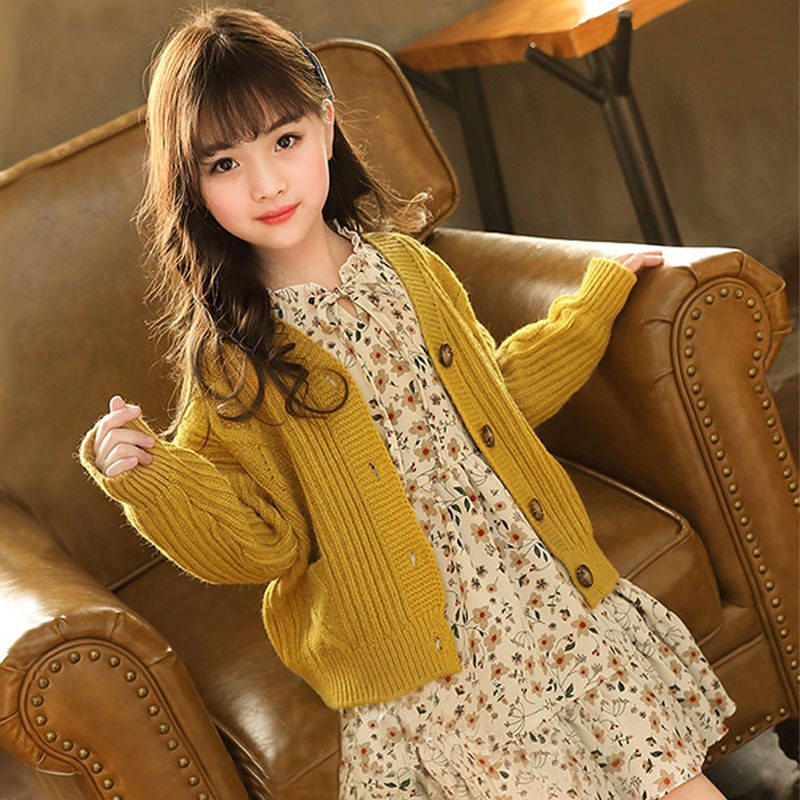 2022 Spring New 2 3 4 6 8 10 Years Child Long Sleeve Tops V-Neck Knitted Jacquard Jacket For Little Girl Cardigan Sweaters Kids alx