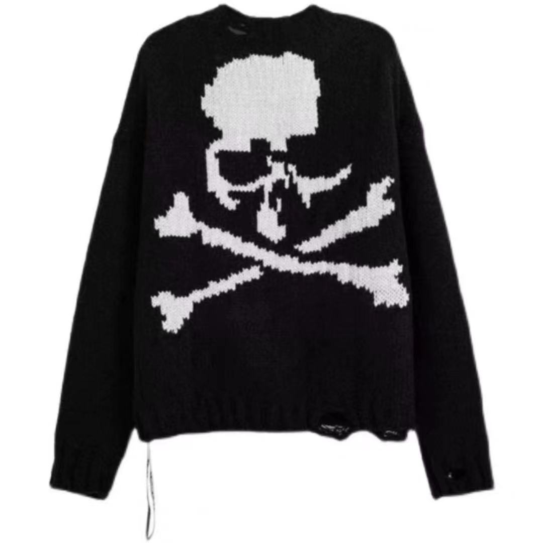 Skull Pattern Black Sweater Ladies fashion trend Spring and Autumn New Loose Retro Knit Sweater Pullover Sweater Couple Ins Top alx