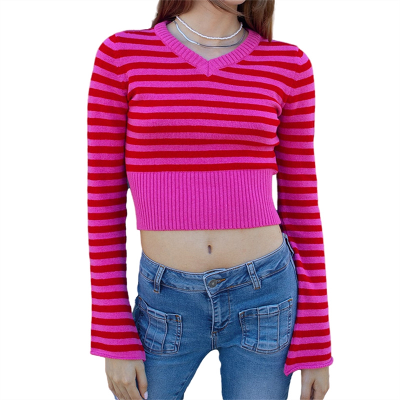 Autumn Spring Knitted Tops Ladies Stripes Pattern Patchwork V Neck Long Sleeve Slim Novel Sweater Women Casual Fashion Clothes alx