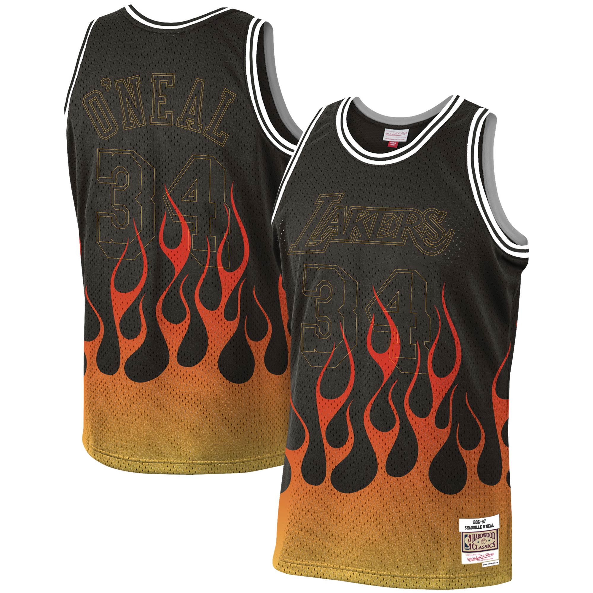 Shaquille O'Neal Los Angeles Lakers Mitchell & Ness 1996-97 Hardwood Classics Flames Swingman Jersey – Black