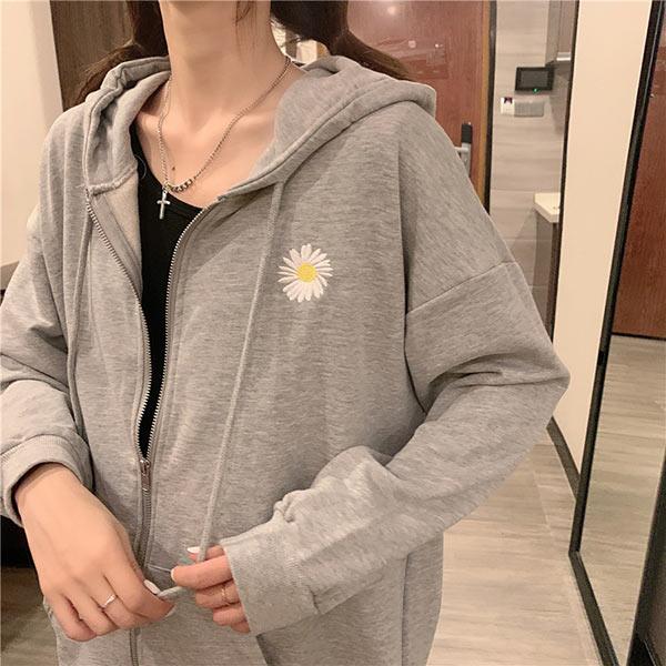 Hoodie With Zipper Flower Embroidery Korean Style