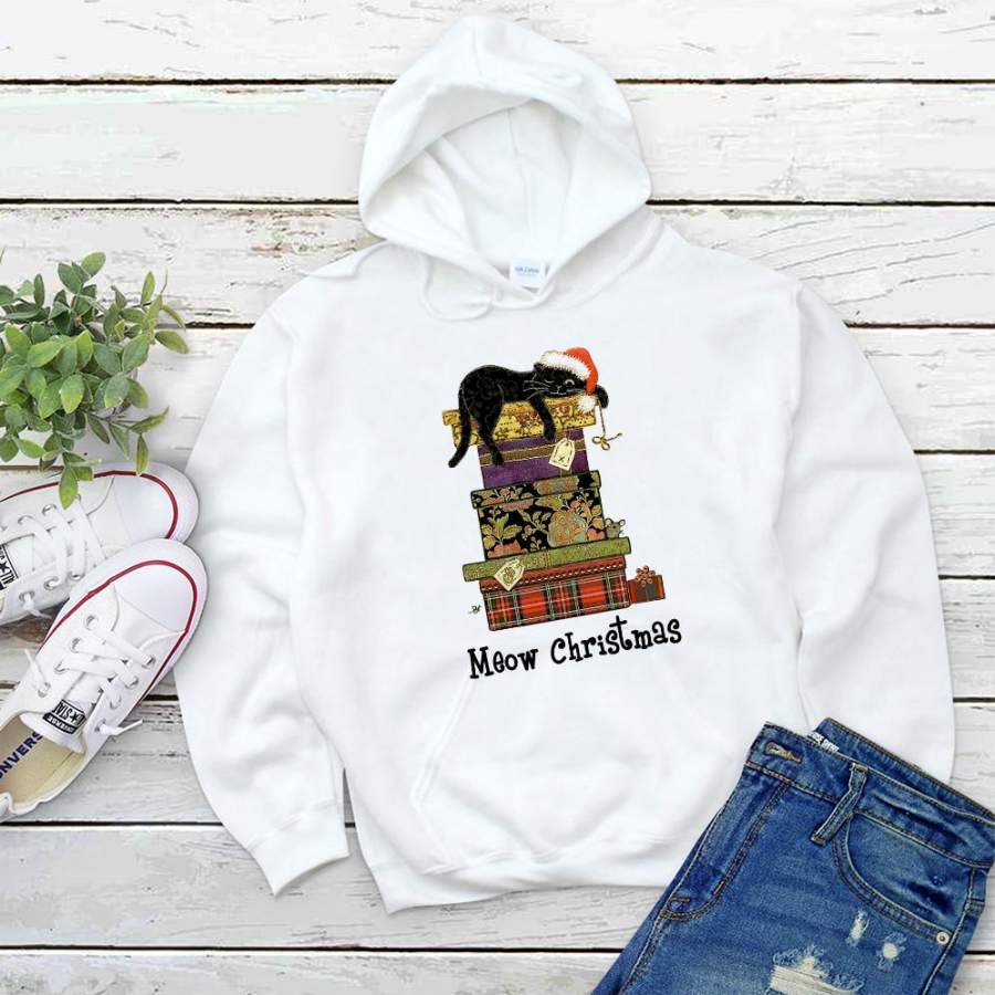 Black cats meow christmas secret box gift santa hat white hoodie for men and women S-5XL