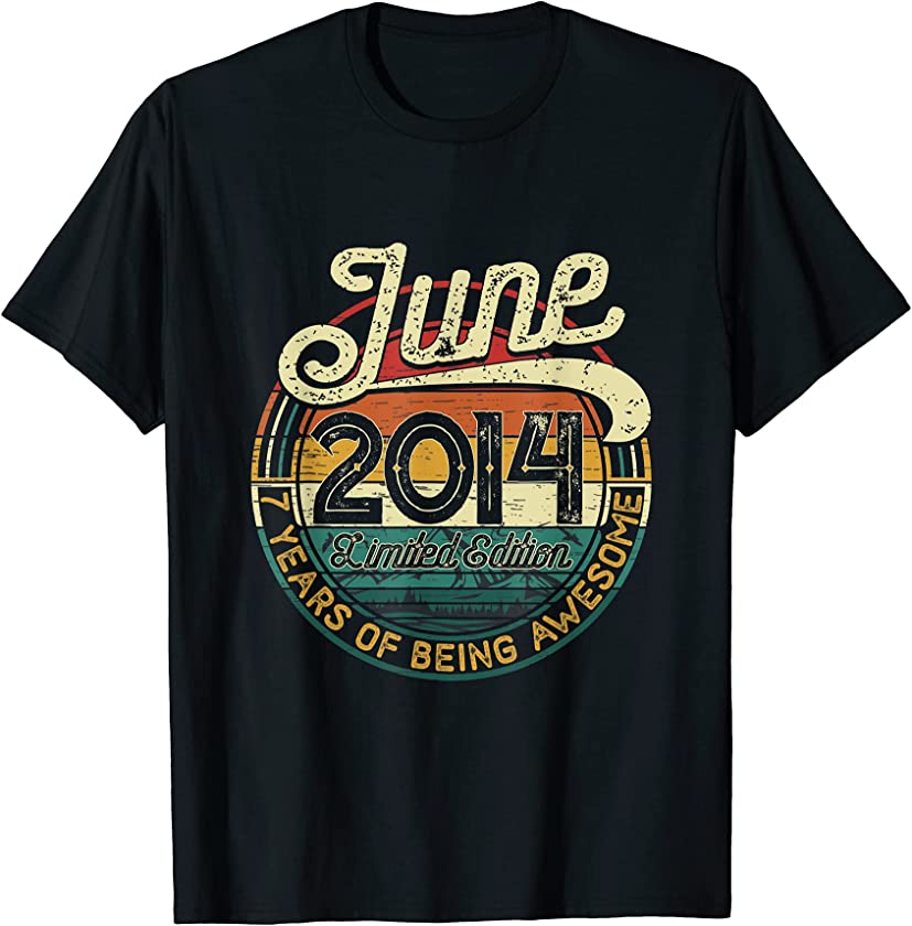 7th Birthday Gift 7 Years Old Retro Vintage June 2014 T-Shirt