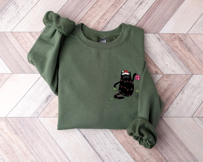 Funny Cat Christmas Embroidered Sweatshirt 2D Crewneck Sweatshirt All Over Print Sweatshirt For Women Sweatshirt For Men Sws4615