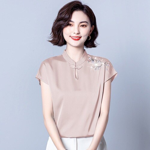 Vintage Floral Embroidery Chinese Style Shirt Women Summer Short Sleeve Stand Collar Slim Cheongsam Tops Ladies Elegant Blouses alx