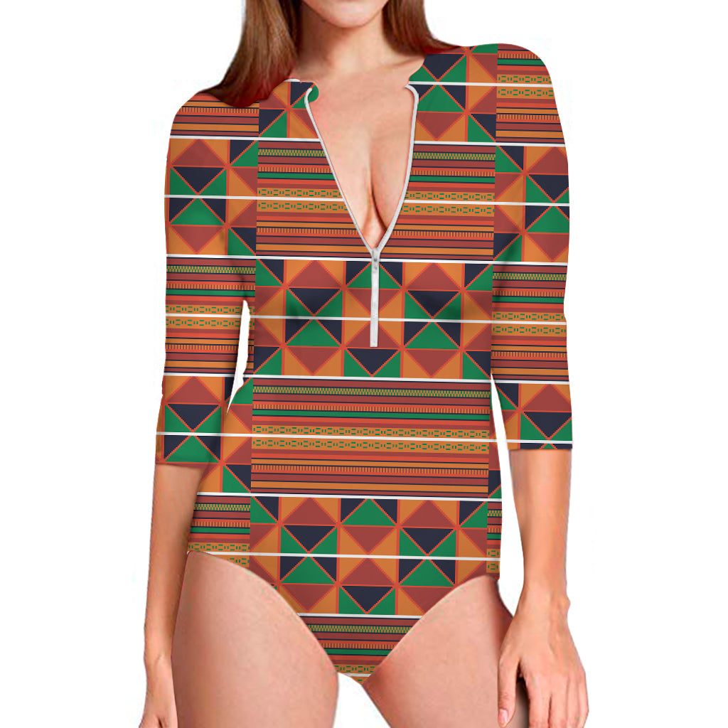 Kente Pattern Print Long Sleeve One Piece Swimsuit