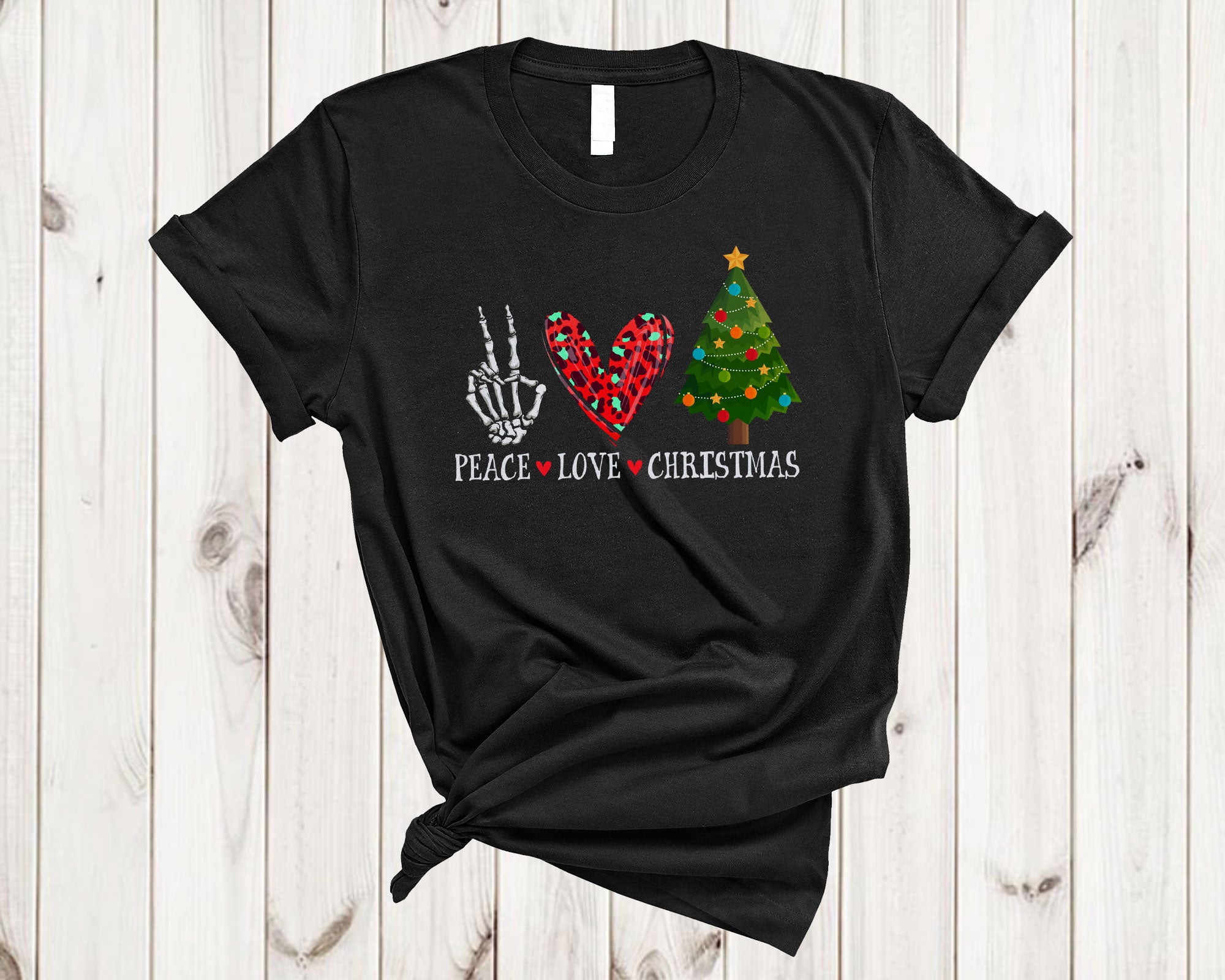 Christmas Peace Shirt Peace Love Christmas Cool Christmas Tree Skeleton Hand Heart Leopard T-Shirt