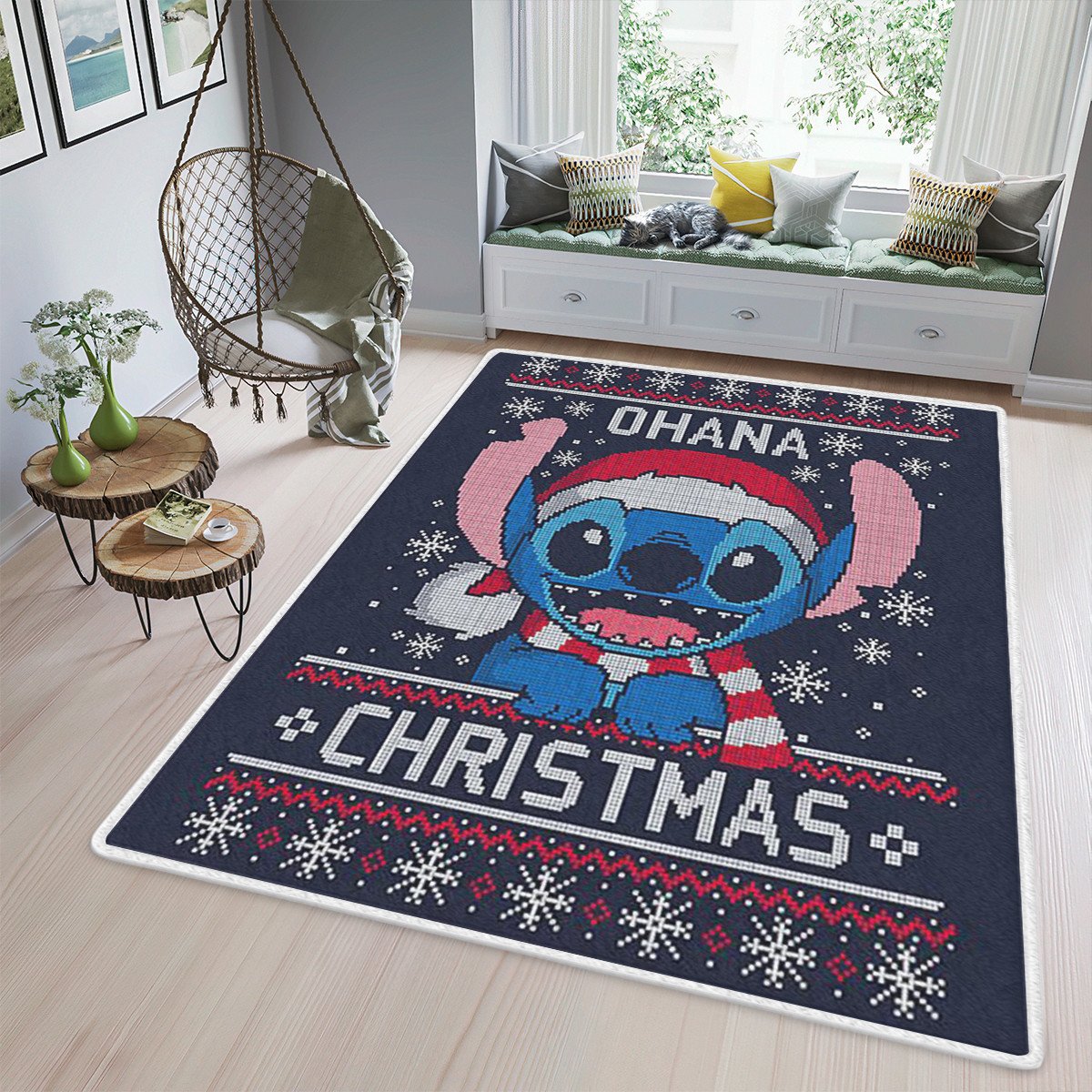 Lilo And Stitch Christmas Fan Gift, Cute Stitch Santa Claus Rug Living Room, Ohana Christmas Rug Home Decor Floor Decor