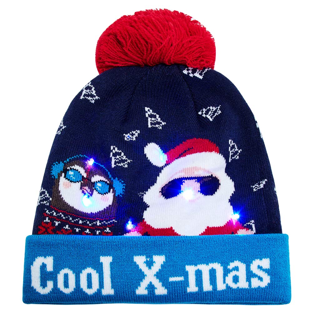 2019 Cool X-Mas Christmas Hats With Led Light Up Ugly Sweater Holiday Knitted Beanie Cap