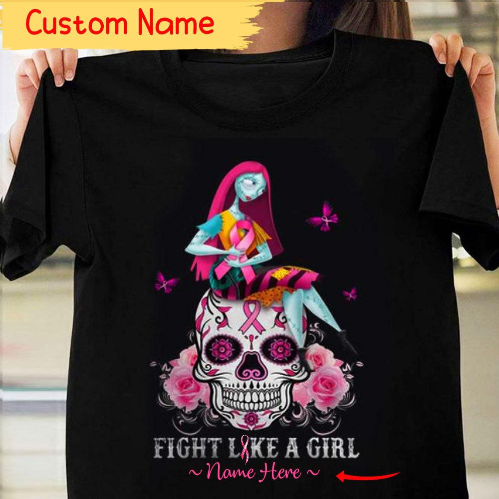 Fight Women With Skull And Pink Ribbon, Personalized Breast Cancer Shirts