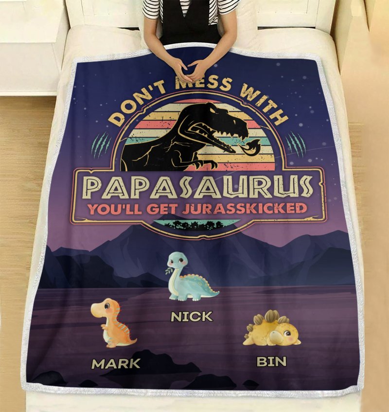 Vintage Papasaurus Personalized Blanket, Best Gift For Father