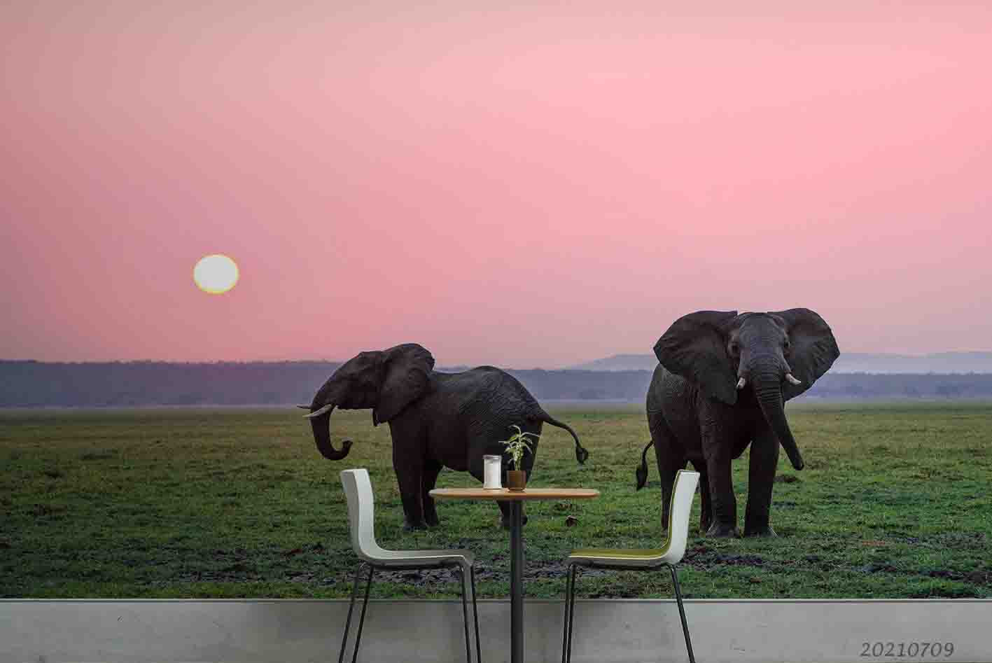 3D African Savannahs Elephant Sunset Wall Mural Wallpaper Sww4174