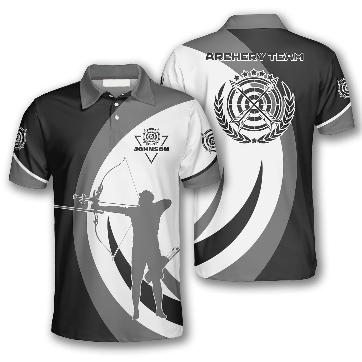 Silhouette Grey Black Custom Archery Shirts For Men, Idea Shirt For Archery, Archery Polo Shirt