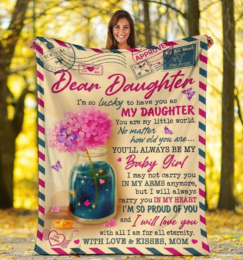 Daughter Blanket, To My Daughter Blanket, Dear Daughter I’M So Lucky To Have You As My Daughter Flowers Letter Fleece Blanket