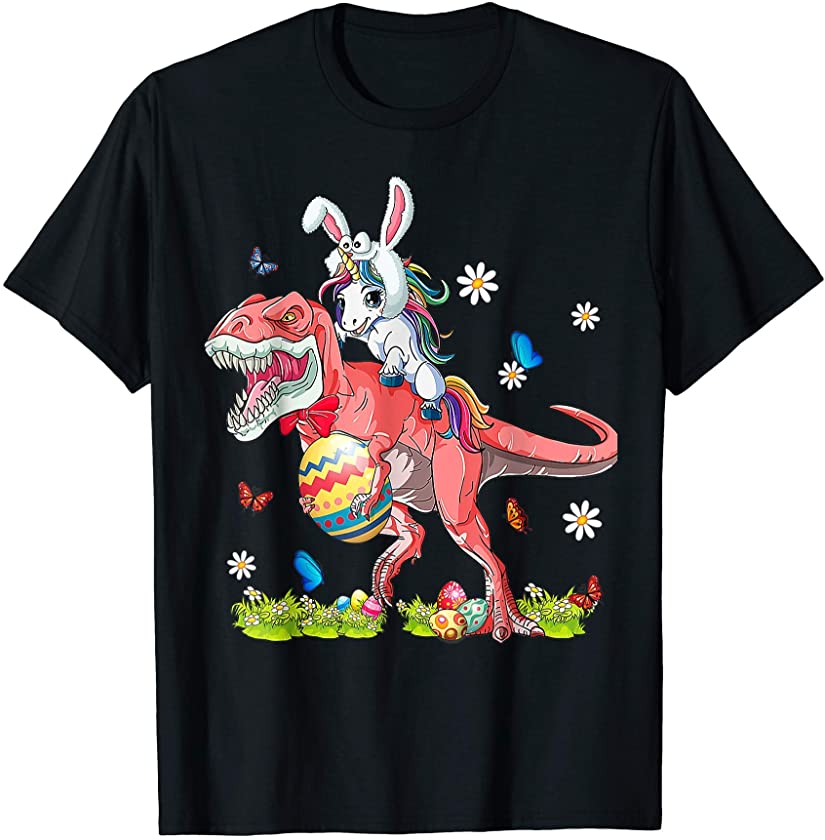 Bunny Unicorn Riding T rex Easter Dinosaur Boys Girls Kids T-Shirt