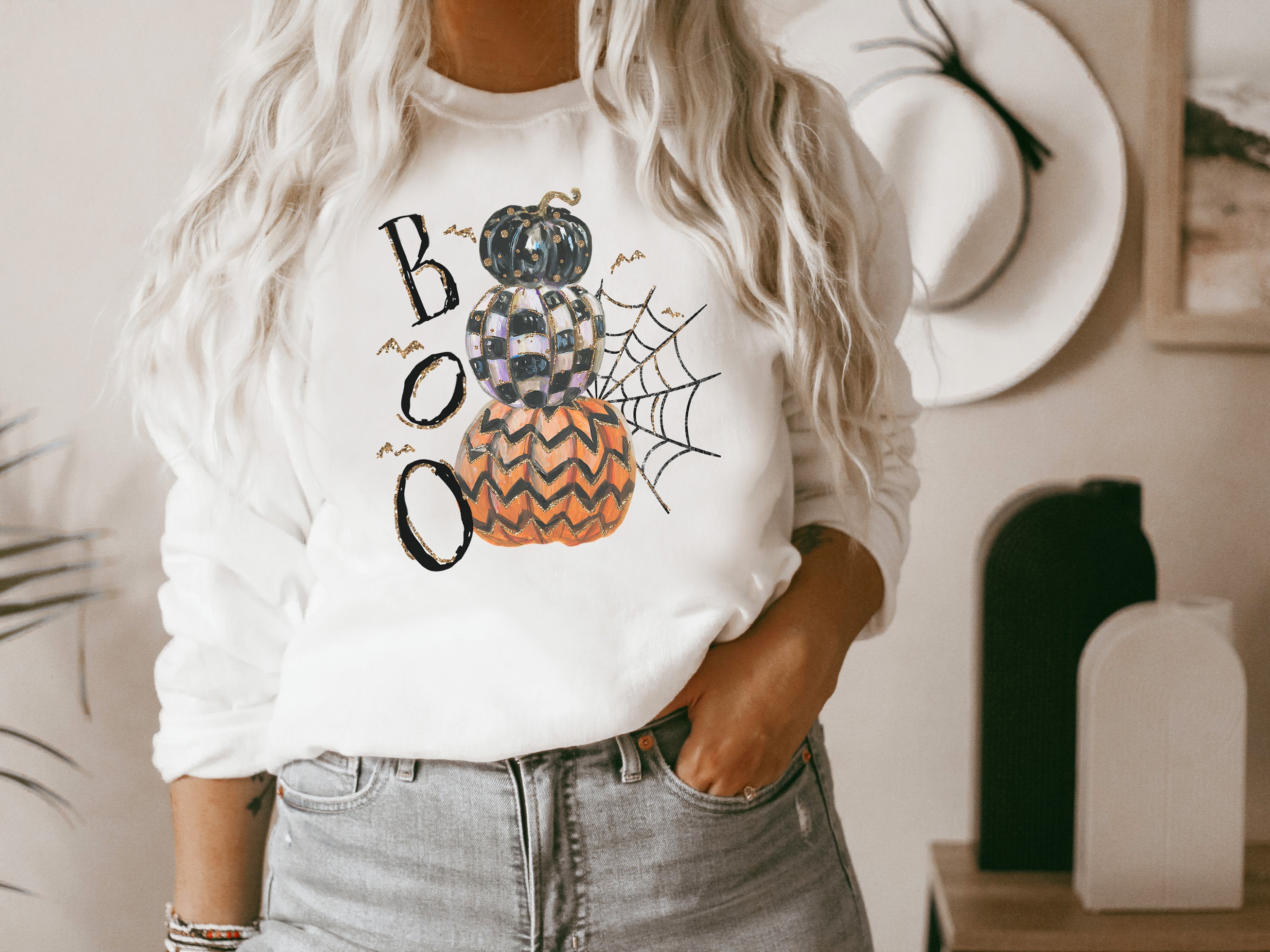 Halloween Pumpkin Sweatshirt,Glitzy Pumpkins,Spooky Boo Long Sleeve Pullover,Fall Crewneck Sweater,Halloween College Party Outfit,Plus Size Anlibuy Fashion