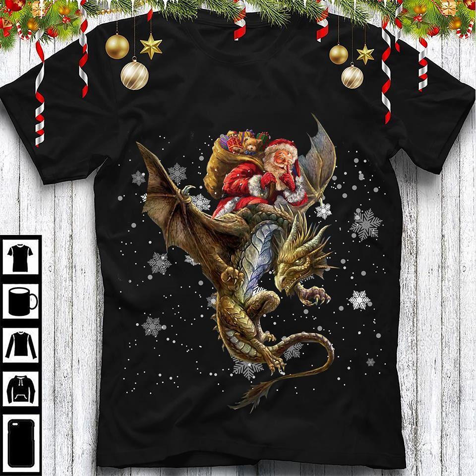 Santa Claus Riding On Dragon Christmas Is Coming T Shirt Hoodie Sweater Plus Size S-5Xl