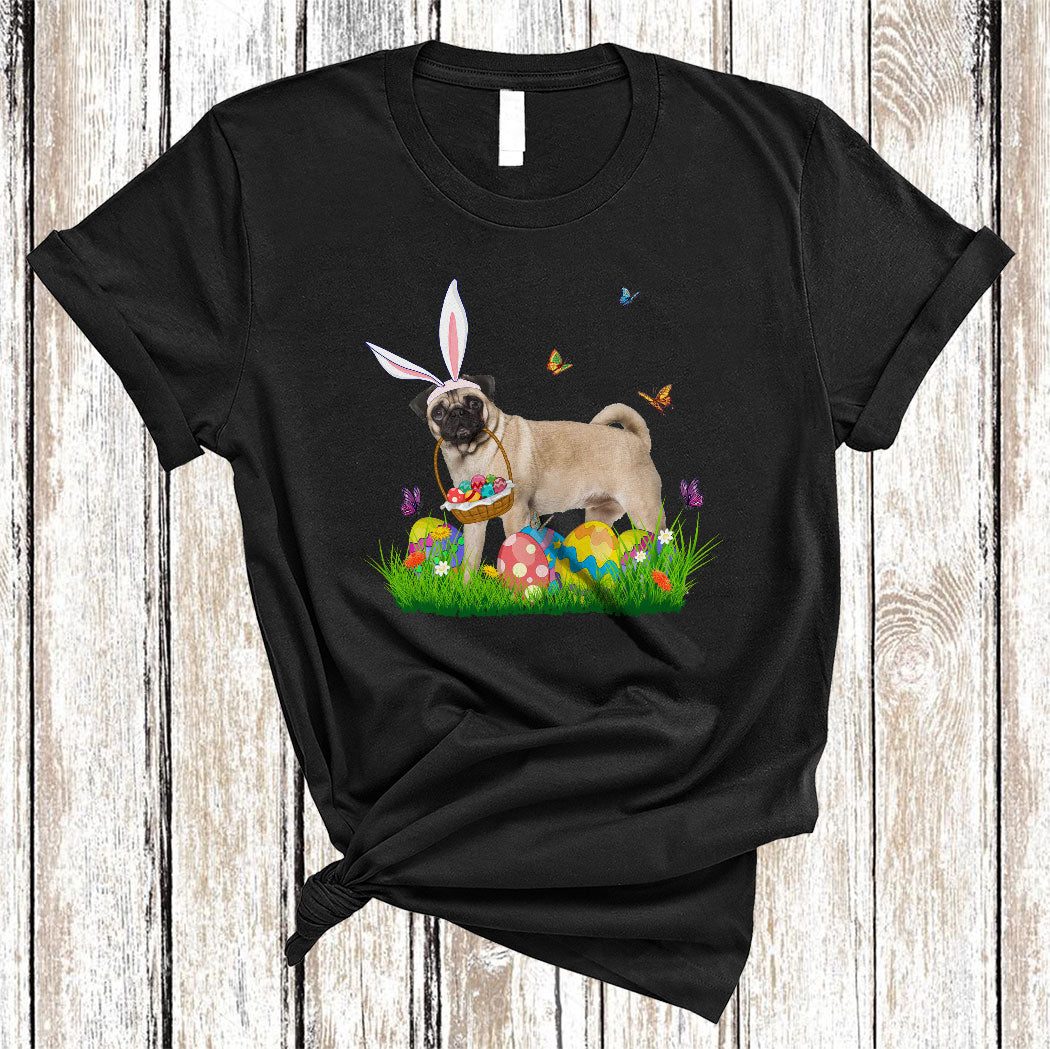 Bunny Pug With Easter Egg Basket Cute Easter Butterfly Flower Egg Hunt Dog Lover Gifts T-Shirt