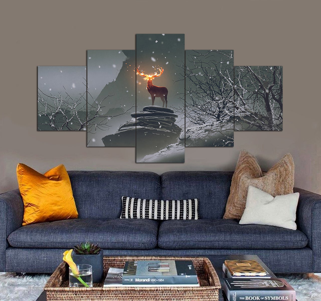 the deer with its fire horns on the rocks in the winter landscape 3D 5 piece canvas art