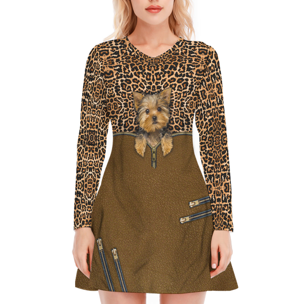 Yorkshire Dog Leopard Leather Style V-Neck Long Sleeve Dress