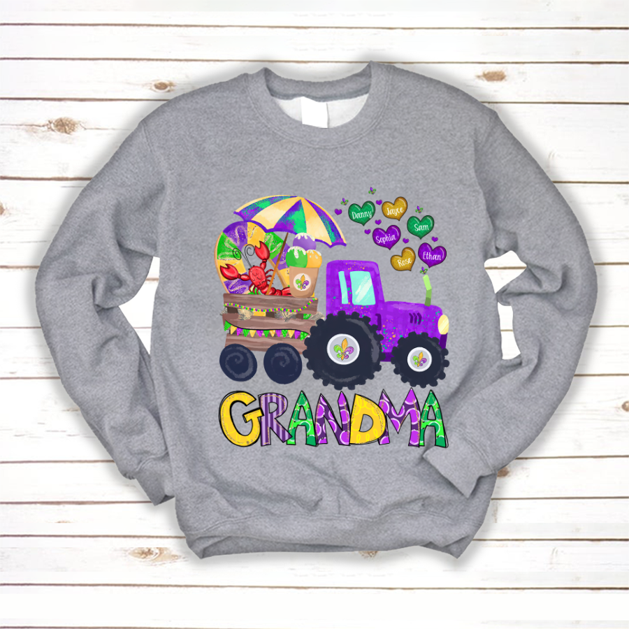 Personalized Grandma And Grandkids Hearts Color Tractor Gift Mardi Gras Sweatshirt