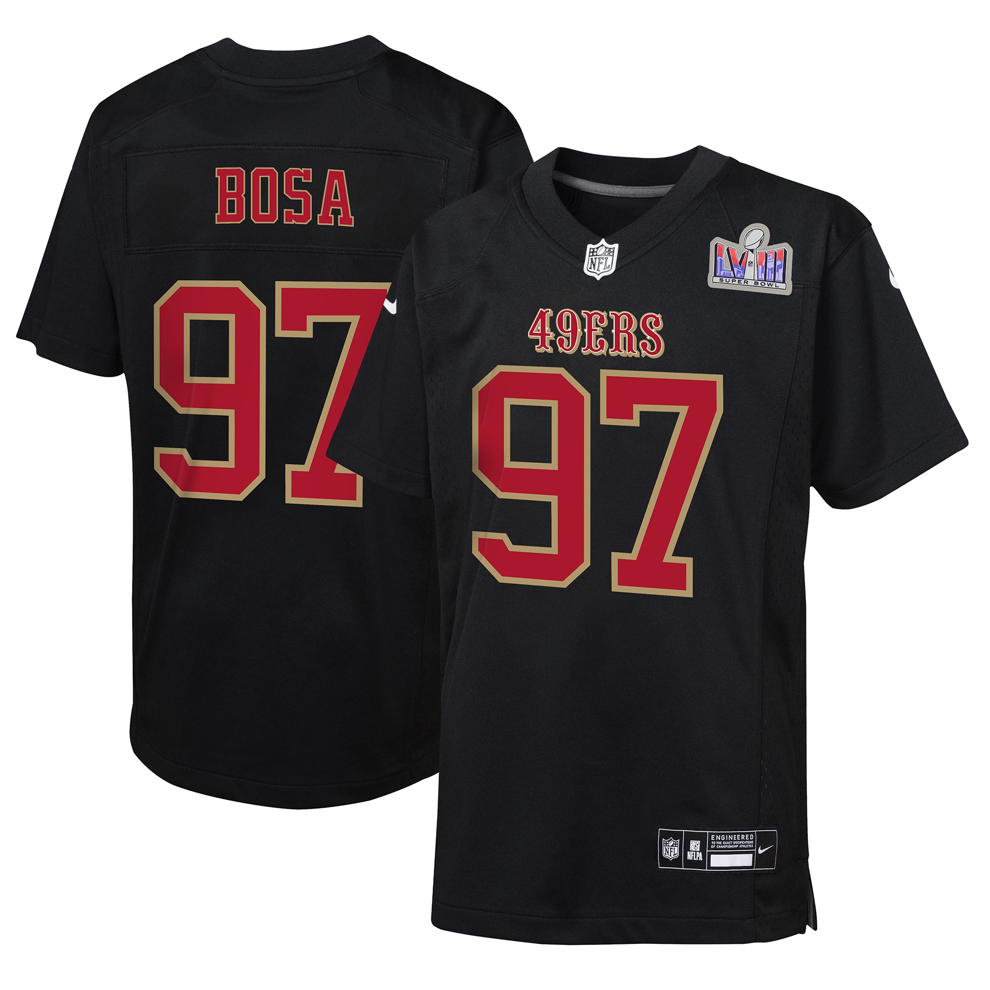 Nick Bosa San Francisco 49ers Youth Super Bowl LVIII Patch Carbon Fashion Game Jersey – Black