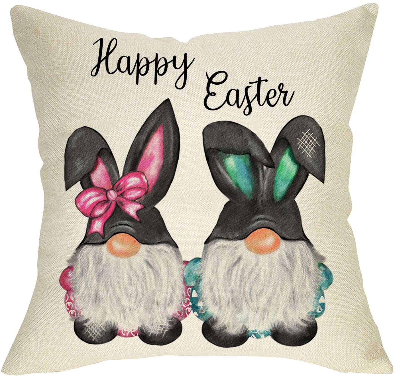 Softxpp Happy Easter Decorative Throw Pillow Cover, Boy Girl Bunny Gnome Sign Cushion Case, Spring Home Rabbit Decorations Cotton Linen Square Outside Pillowcase Holiday Decor For Sofa Couch