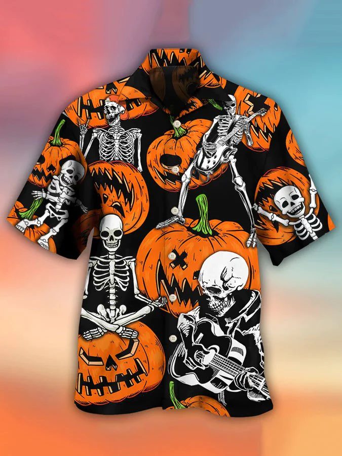 Halloween Skeleton Pumpkin Scary Print Short Sleeve Hawaii Gift Ha77988