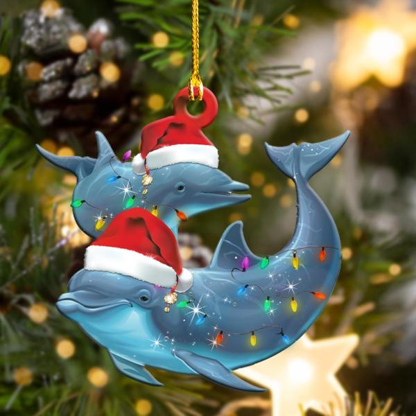 Dolphin Wearing Santa Hat Christmas Shape Wooden Ornament