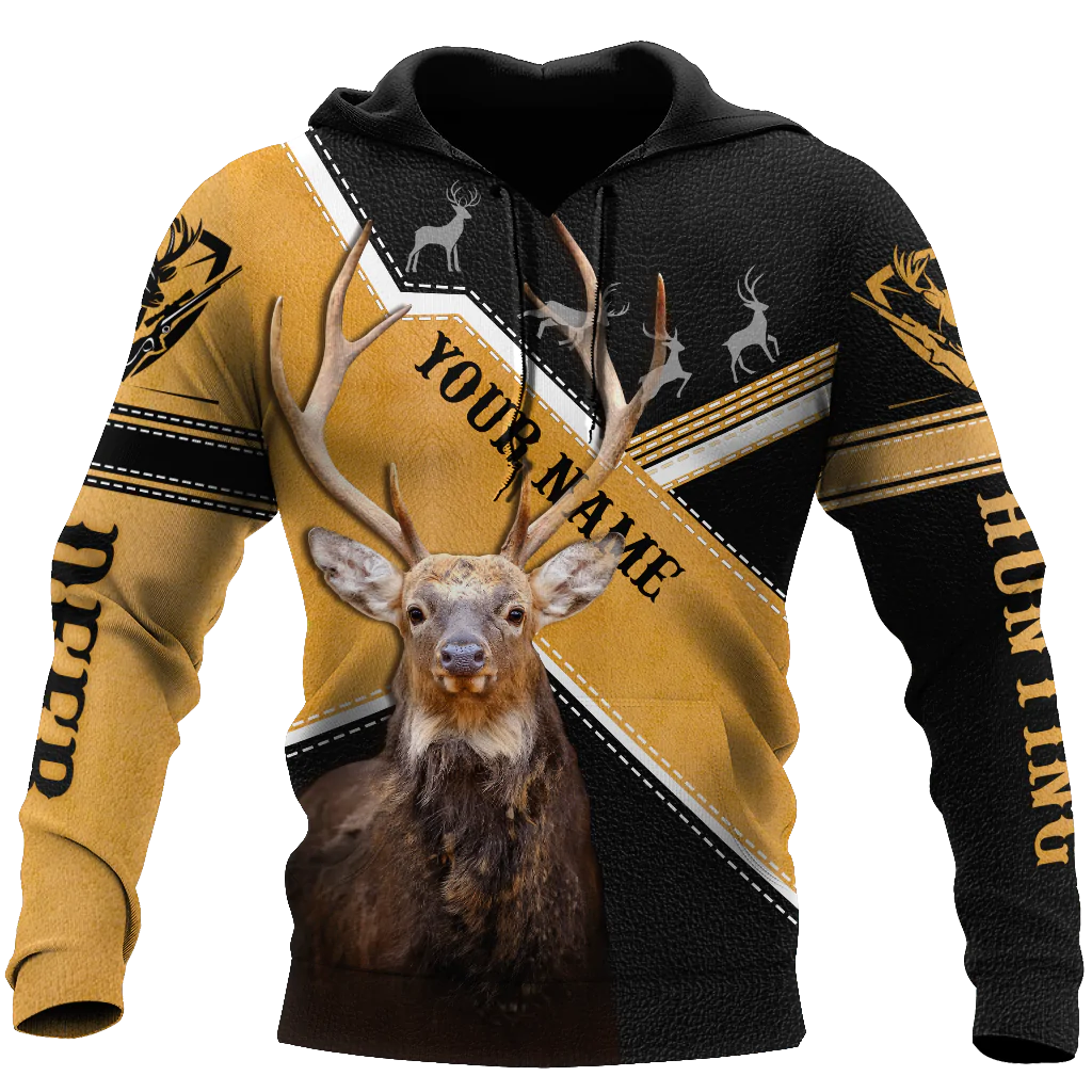 Custom Name Yellow And Black Deer Hunting Hoodie, 3D Full Printed Hunting Hoodie Leather Pattern