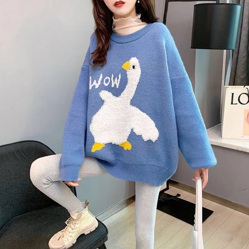 Autumn Basic Long Sleeve Cute Duck Print Pullover Sweater Women Harajuku O-neck Oversize Student Womens Sweaters New Loose Tops alx