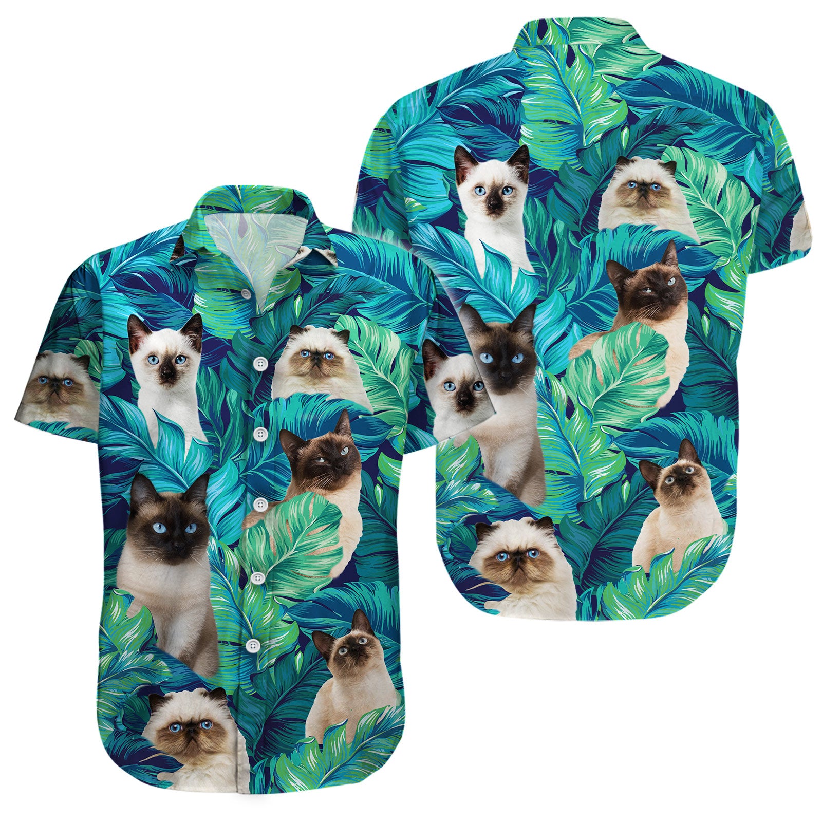 Siamese Cat Tropical Leaves Button Shirt, Siamese Cat Button Shirt, Summer Cat Hawaiian Shirt, Cat Leaf Hawaiian Shirt, Summer Tropical Shirt