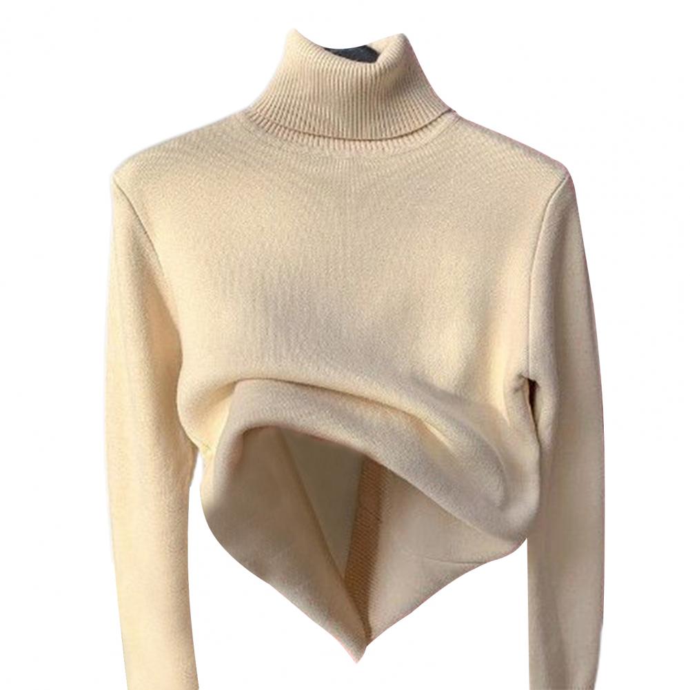 Turtleneck Long Sleeves Ribbed Trim Thickened Women Knitwear Winter Solid Color Fleece Lining Bottoming Sweater Home Wear alx