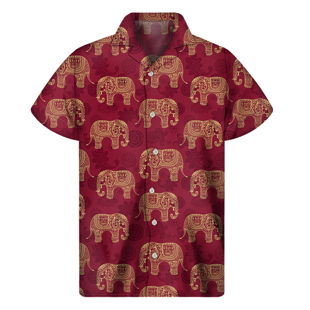 Gold And Red Boho Elephant Print Men’S Short Sleeve Shirt