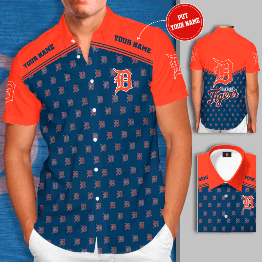 Personalized Detroit Tigers Logo All Over Print 3D Short Sleeve Dress Shirt Hawaiian Summer Aloha Beach Shirt – Cobalt Orange-Tph