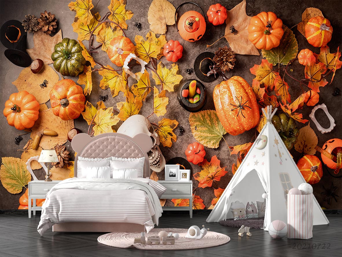 3D Halloween Pumpkin Leaf Wall Mural Wallpaper Lqh 144