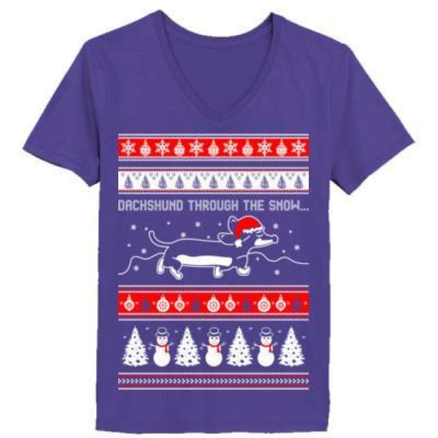 AGR Dachshund Through The Snow Christmas Ugly Sweater Xmas – Ladies’ V-Neck T-Shirt