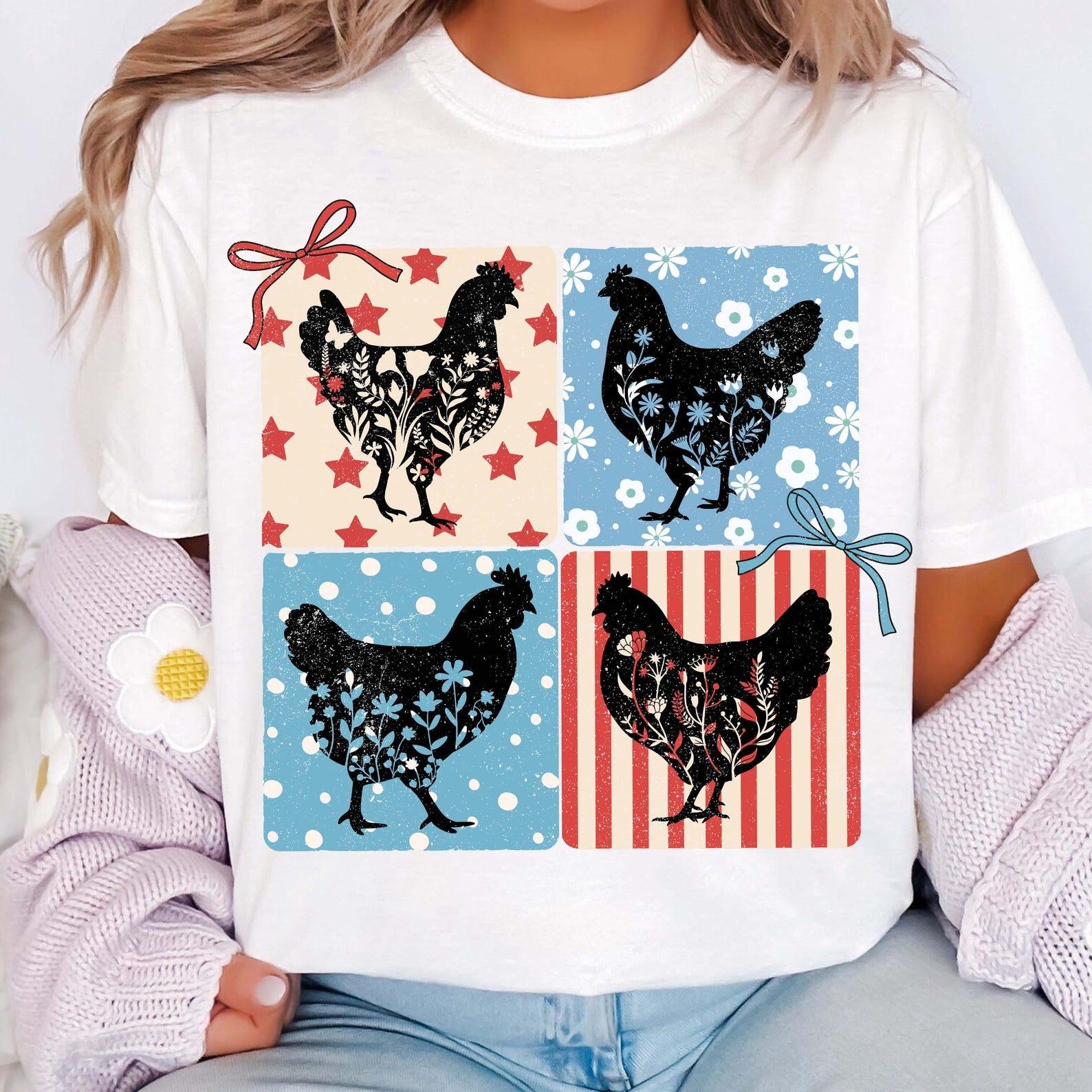 Patriotic Chicken Farmhouse 4th of July Shirt, Floral Chicken Memorial Day Tee, Checkered Chicken Girly USA Independece Day Gift