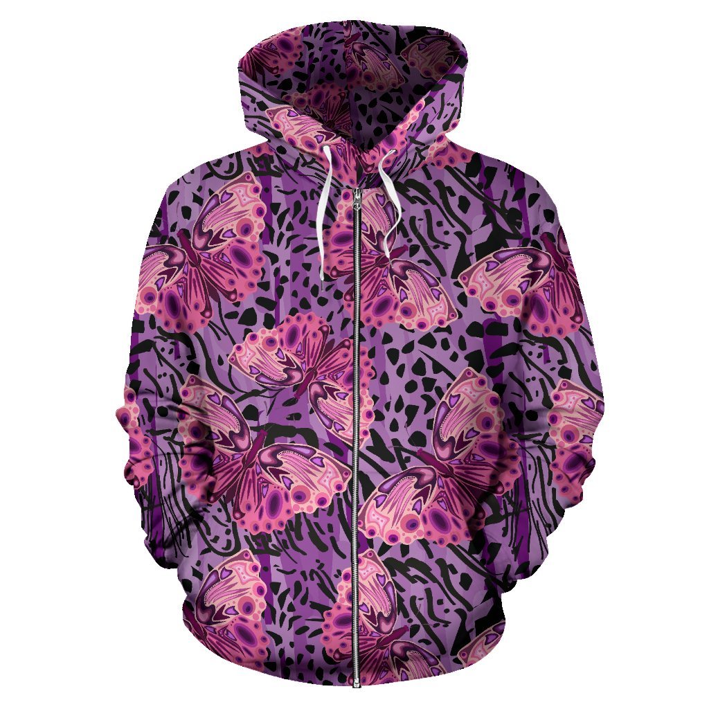 Purple Butterfly Leopard Zip Up Hoodie