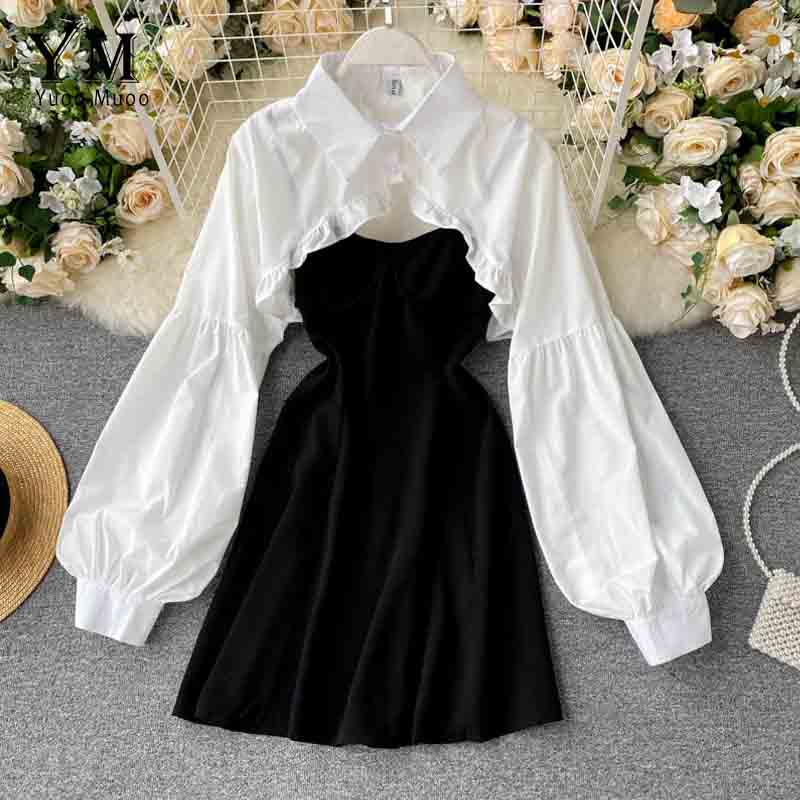 2021 Autumn Women Sexy Black Spaghetti Strap Dress and White Long Sleeve Blouses Crop Tops Korean Fashion Mini Vestidos alx