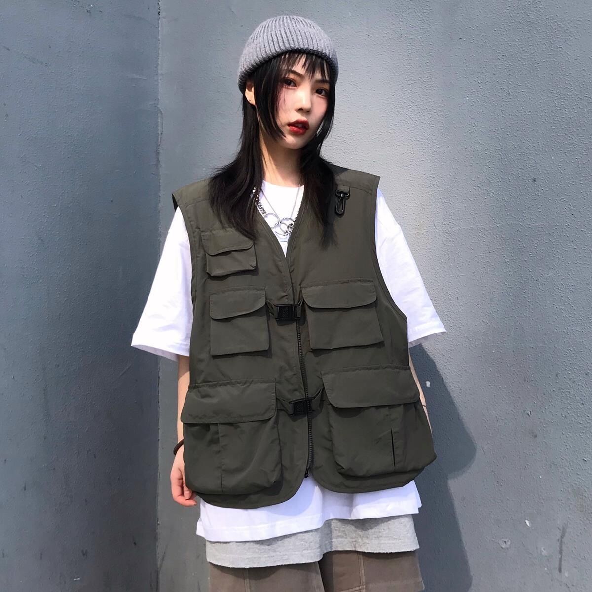 Vests Women M-5XL Colleges Streetwear Solid Outerwear Loose Cargo Unisex Sleeveless Jackets BF V-Neck Harajuku Pockets Design alx