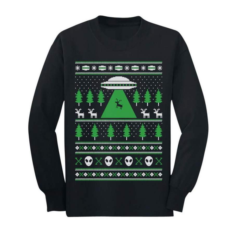 Alien Reindeer Abduction Ugly Christmas Sweater Youth Kids Long Sleeve T-Shirt