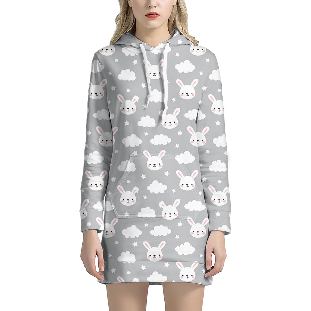 Rabbit And Cloud Pattern Print Women’S Pullover Hoodie Dress