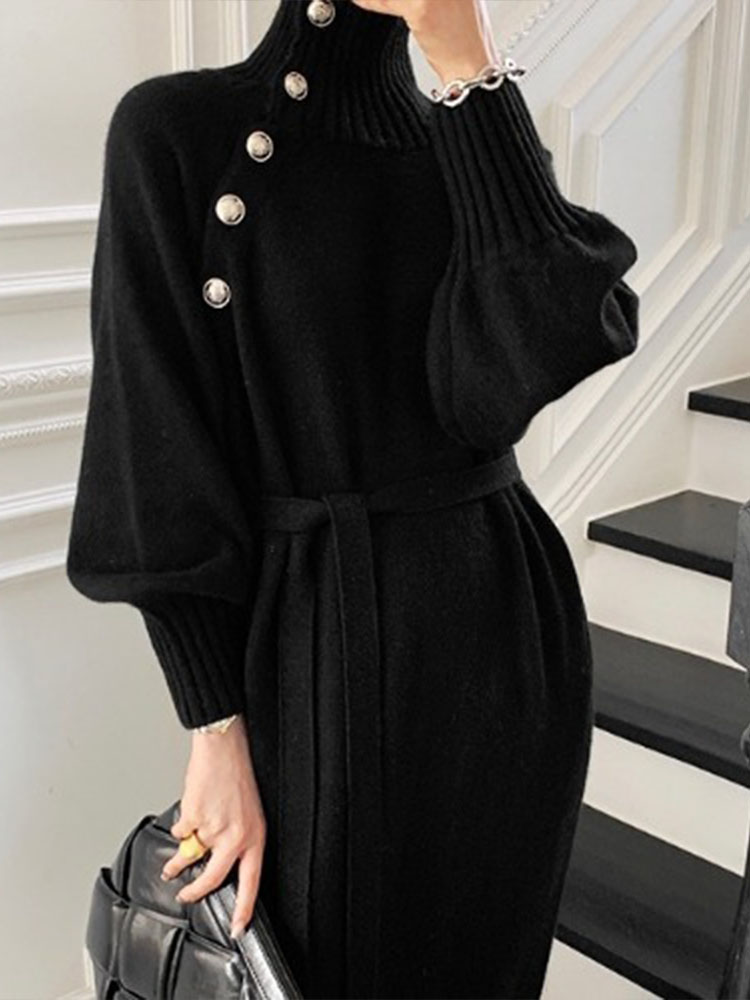 Women Vintage Knitted Sweater Dress Turtleneck Long Sleeve Pullovers Elegant Midi Dress Autumn Winter Dresses Fashion for Lady alx